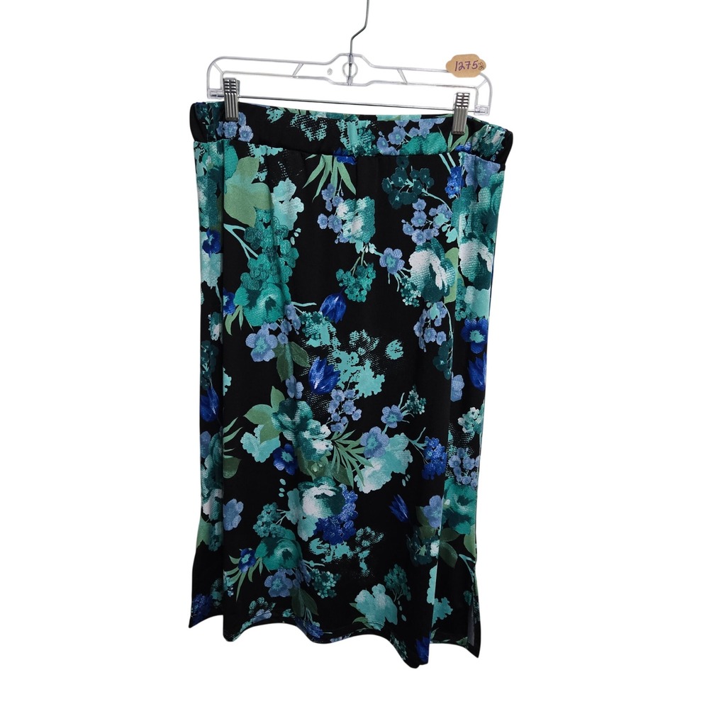 BonWorth Womens Floral Midi Skirt Blue Teal Green Elastic Waist Size S F69092